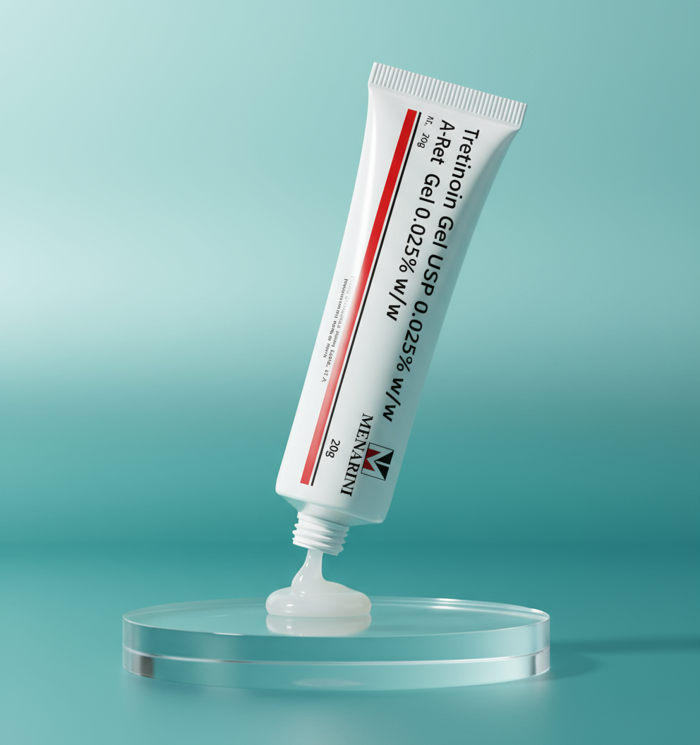 A-Ret Tretinoin Gel 0.025% by Menarini with gel flowing from tube on clear stand — mild prescription retinoid