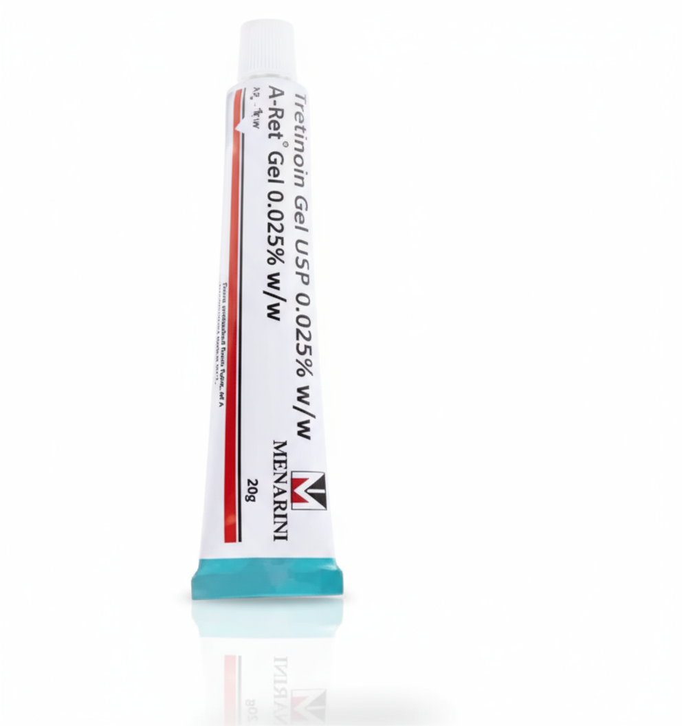 Tretinoin Gel USP 0.025% w/w by Menarini, A-Ret 20g tube standing upright on white background.