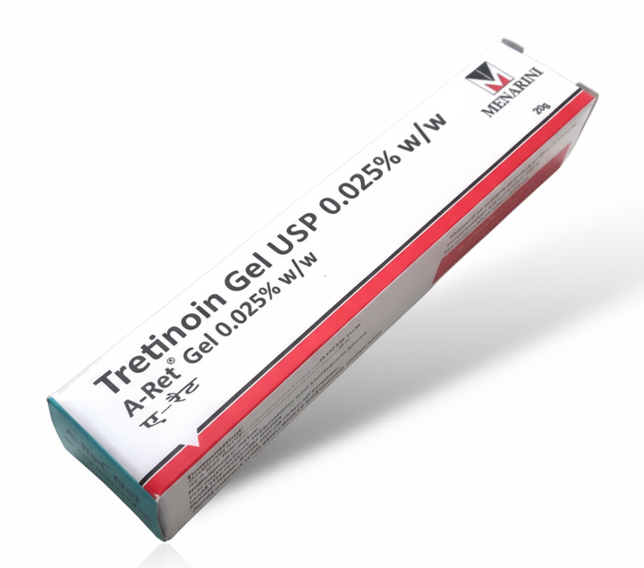 A-Ret Tretinoin Gel 0.025% w/w by Menarini, 20g box shown on white background — gentle tretinoin gel for acne and skin renewal.