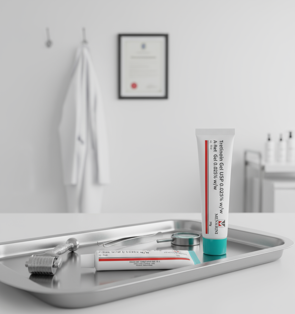 A-Ret Tretinoin Gel 0.025% by Menarini on stainless tray beside skincare tools — dermatology clinic environment.