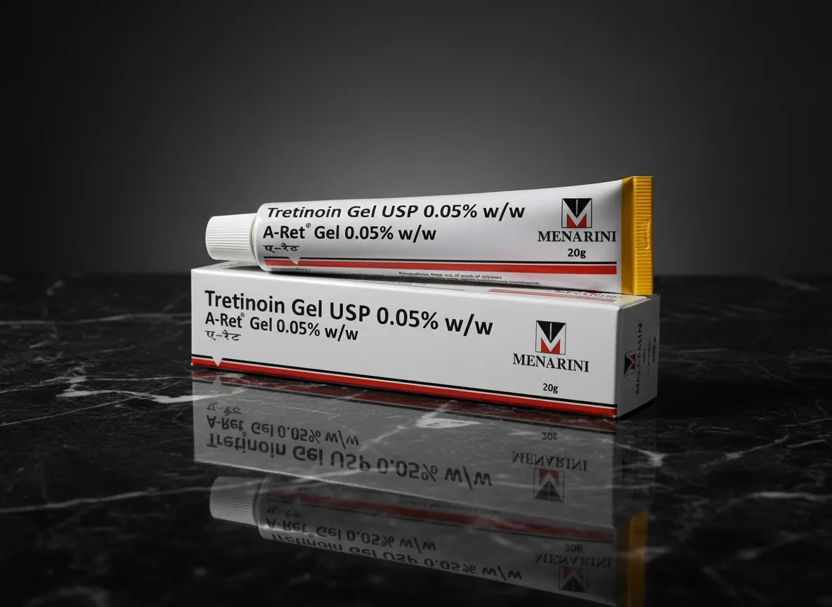 A-Ret Tretinoin Gel USP 0.05% w/w, 20g by Menarini — tube placed on box front, product packaging on black marble background