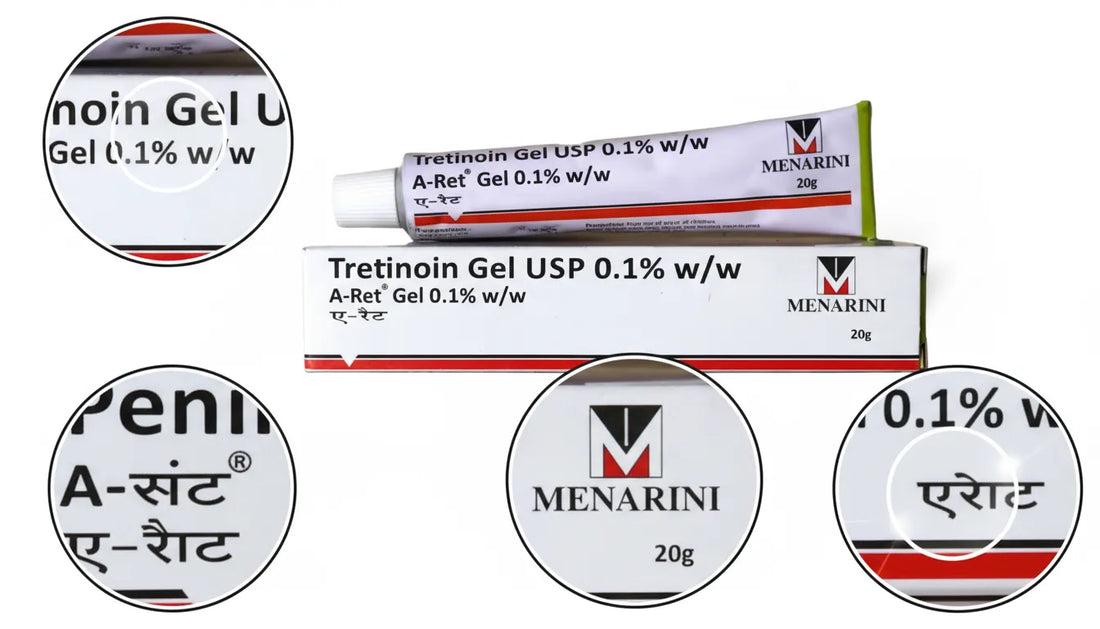 A-Ret Tretinoin Gel USP 0.1% w/w, 20g by Menarini — close-up of packaging details and brand logo on tube and box.