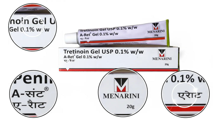 A-Ret Tretinoin Gel USP 0.1% w/w, 20g by Menarini — close-up of packaging details and brand logo on tube and box.