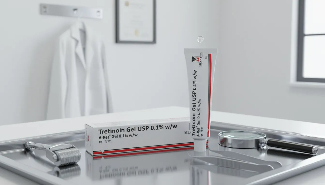 A-Ret Tretinoin Gel USP 0.1% w/w, 20g by Menarini — tube and box on metal tray in dermatology clinic setup with dermaroller and magnifying glass.