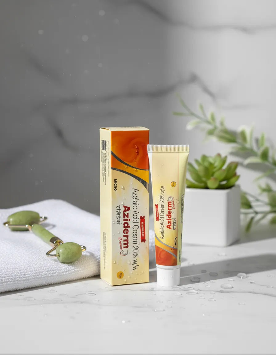 Azelaic Acid Cream 20% with marble background and tiny plant