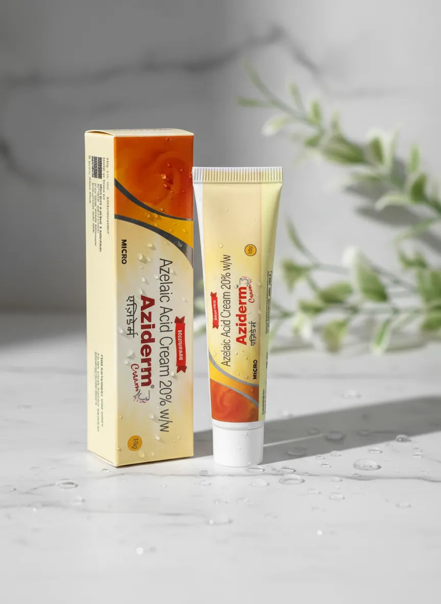 Azelaic Acid 20 Cream 20g with marble backgroun and tiny leaves
