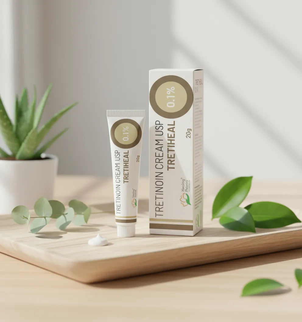 Tretinoin Cream 0.1% Tretiheal 20g by Healing Pharma placed on wooden tray with leaves and plant — topical retinoid for acne and fine lines