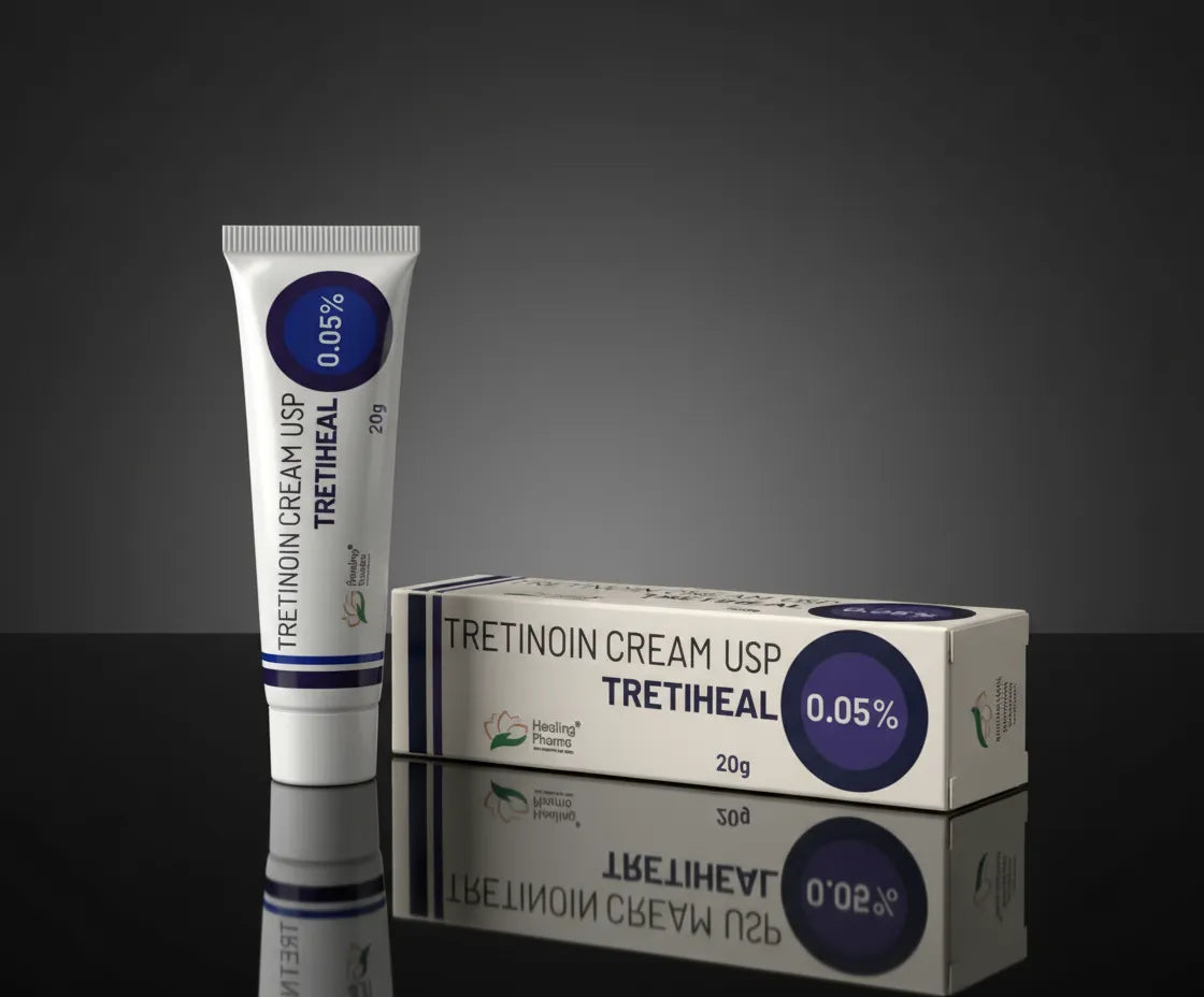 Tretinoin 0.05% Tretiheal 20g tube and box displayed on glossy dark surface