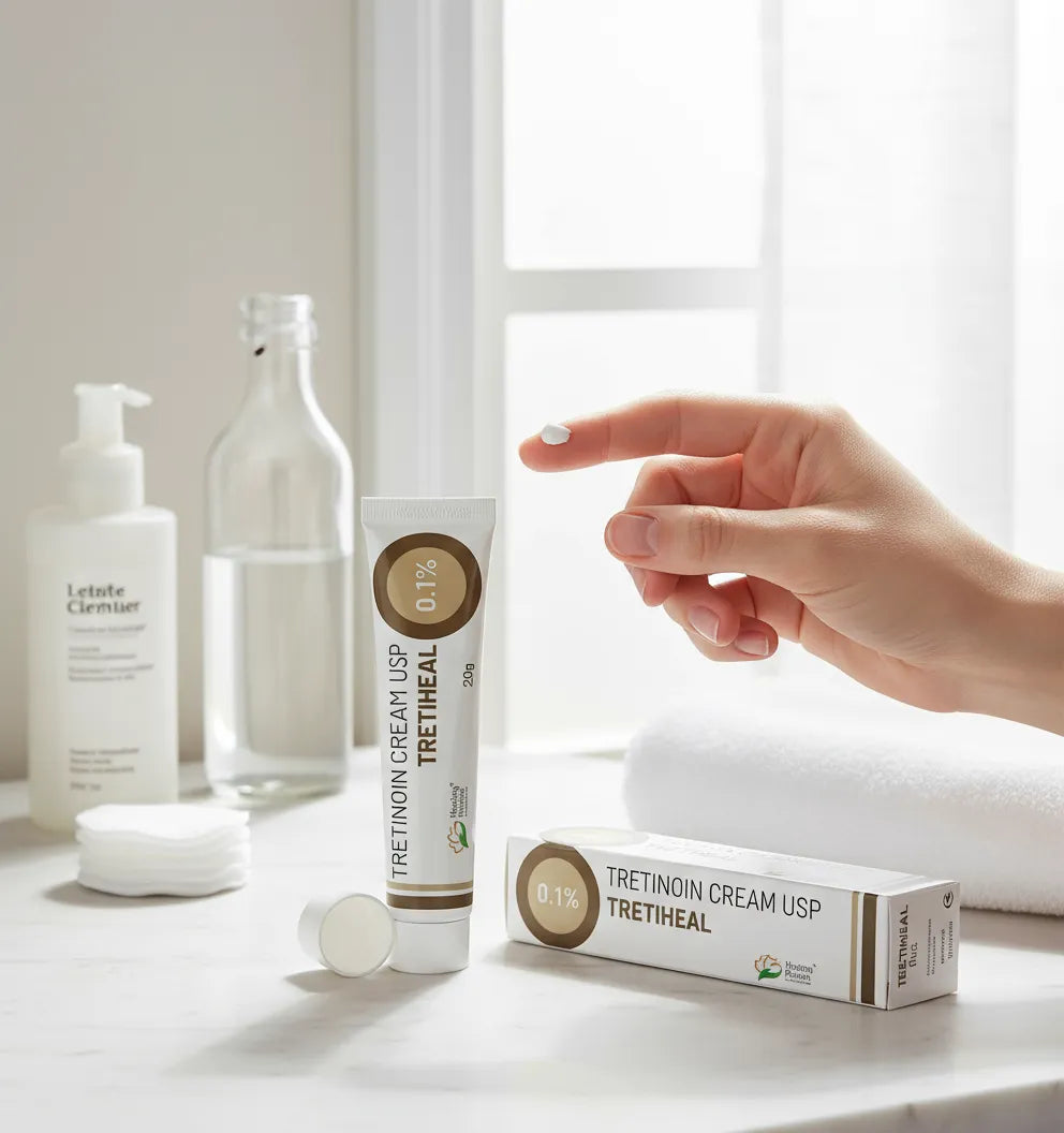 Tretinoin 0.1% Tretiheal by Healing Pharma shown on bathroom counter with hand applying pea-sized cream — prescription retinoid for acne and wrinkles.