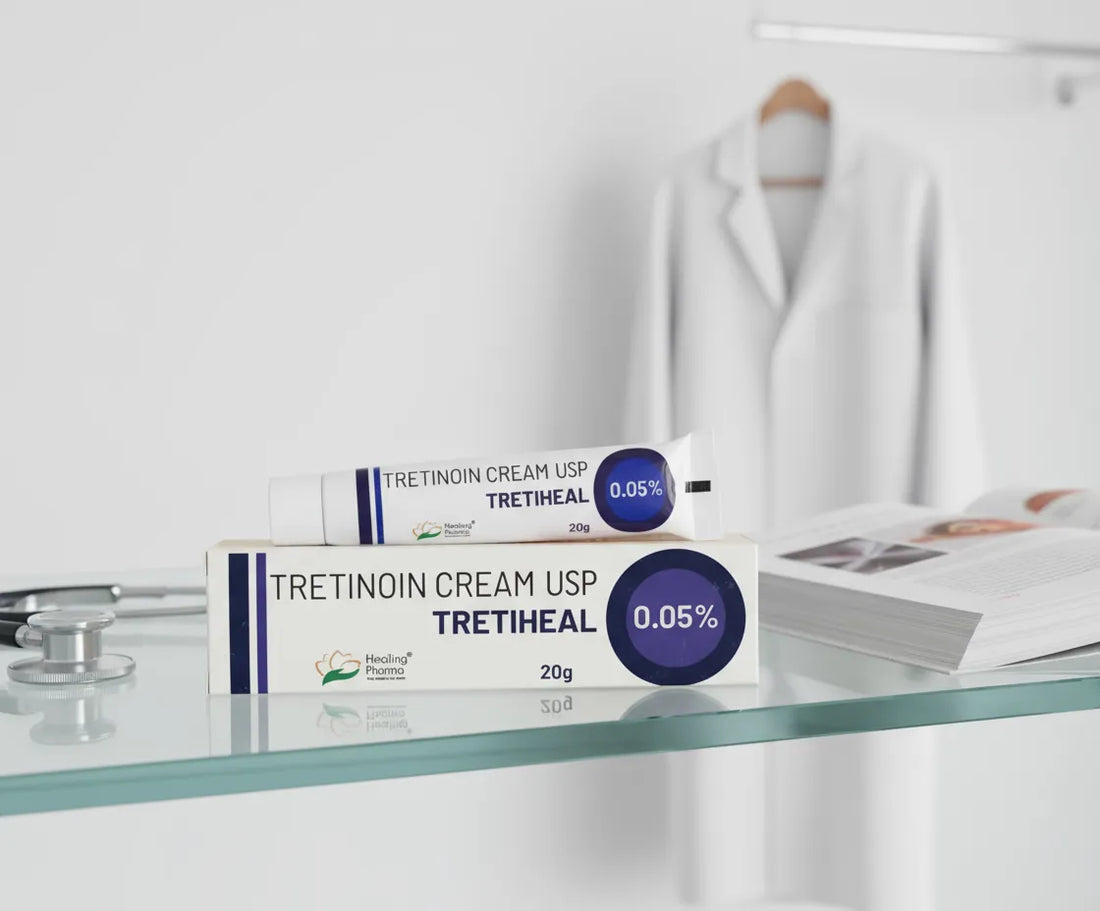 Healing Pharma Tretiheal Tretinoin Cream 0.05% packaging displayed in clinical setting with stethoscope — prescription skincare retinoid.
