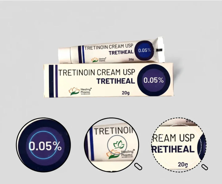Tretinoin Cream USP 0.05% Tretiheal 20g by Healing Pharma with close-up details showing label, logo, and strength — prescription retinoid for acne care.