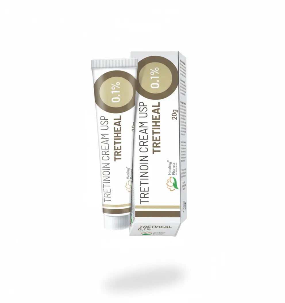 Tretiheal Tretinoin Cream 0.1% USP 20g — Healing Pharma retinoid for acne treatment and skin renewal.