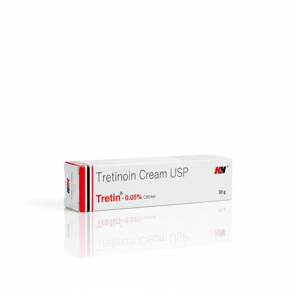 Tretinoin Cream USP 0.05% by H&H, 30g tube packaging on white background — prescription skincare for acne and wrinkles.