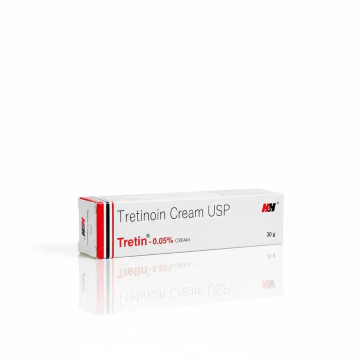 Tretinoin Cream USP 0.05% by H&H, 30g tube packaging on white background — prescription skincare for acne and wrinkles.