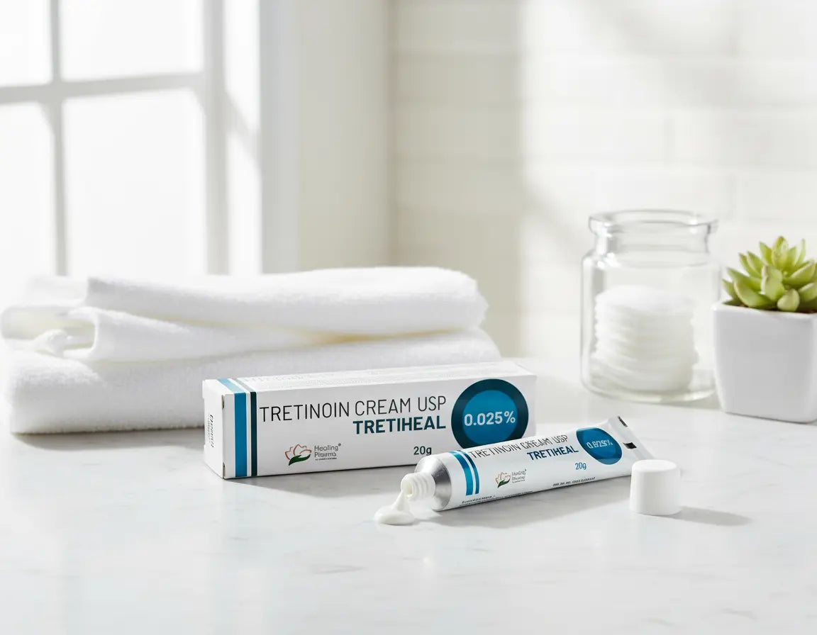 Tretiheal 0.025% by H/P placed beside cotton pads and serum dropper — dermatologist-recommended retinoid for acne and fine lines.