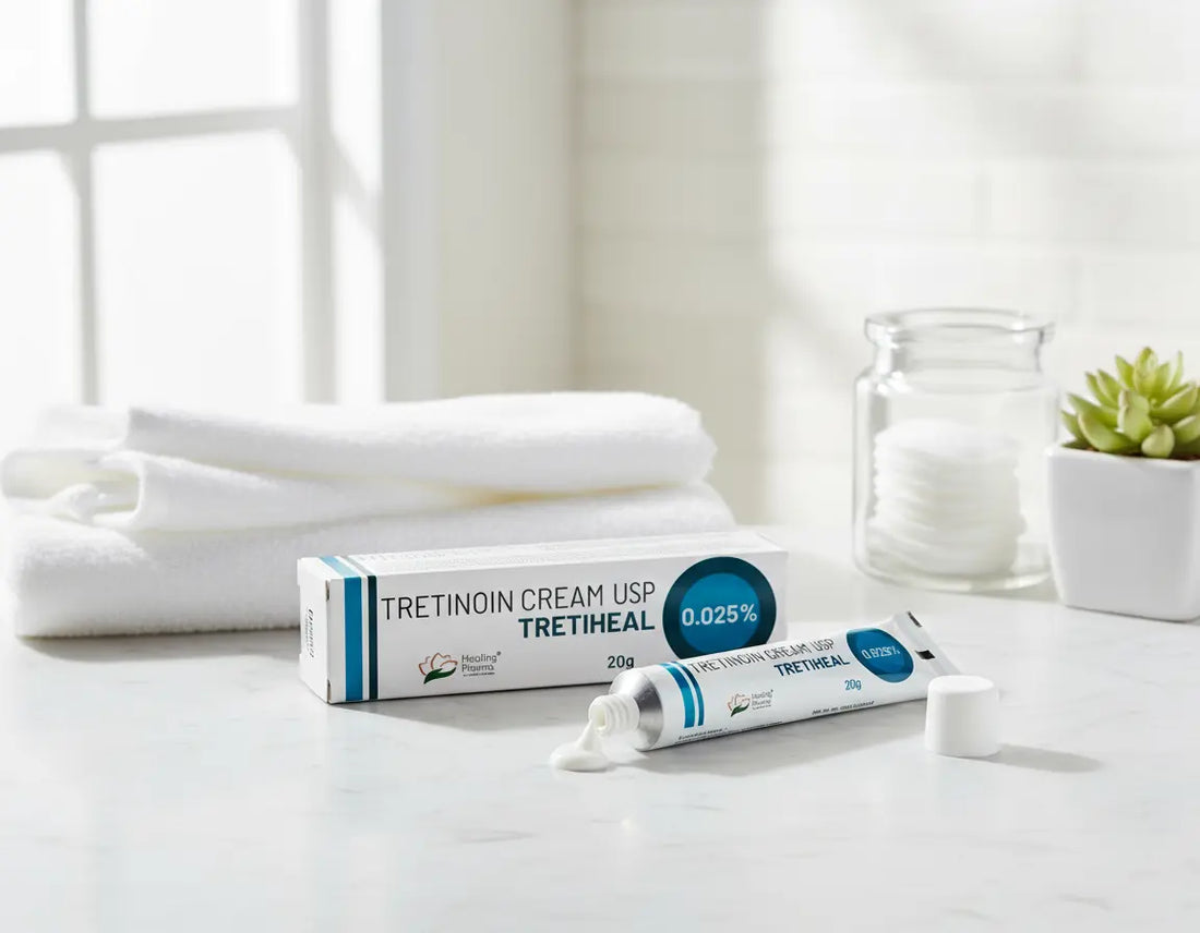 Tretiheal 0.025% by H/P placed beside cotton pads and serum dropper — dermatologist-recommended retinoid for acne and fine lines.