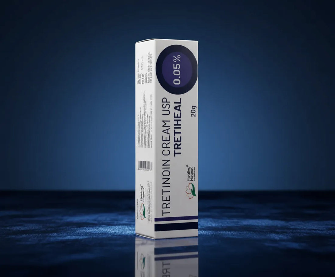 Tretiheal  0.05% by Healing Pharma standing upright on reflective blue surface