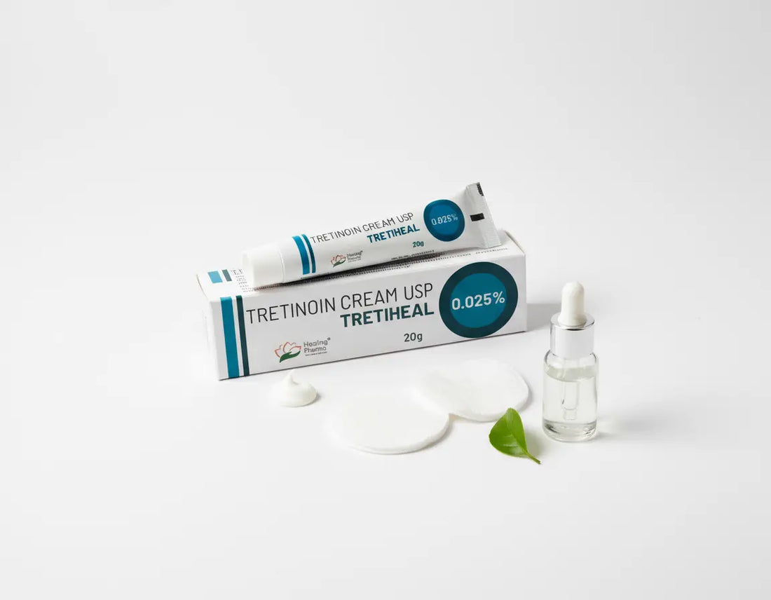 Tretiheal 0.025% 20g displayed with serum and cotton pads.
