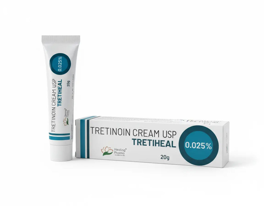 Tretinoin Cream USP 0.025% Tretiheal 20g by Healing Pharma — prescription retinoid cream tube and box for acne treatment and skin renewal.