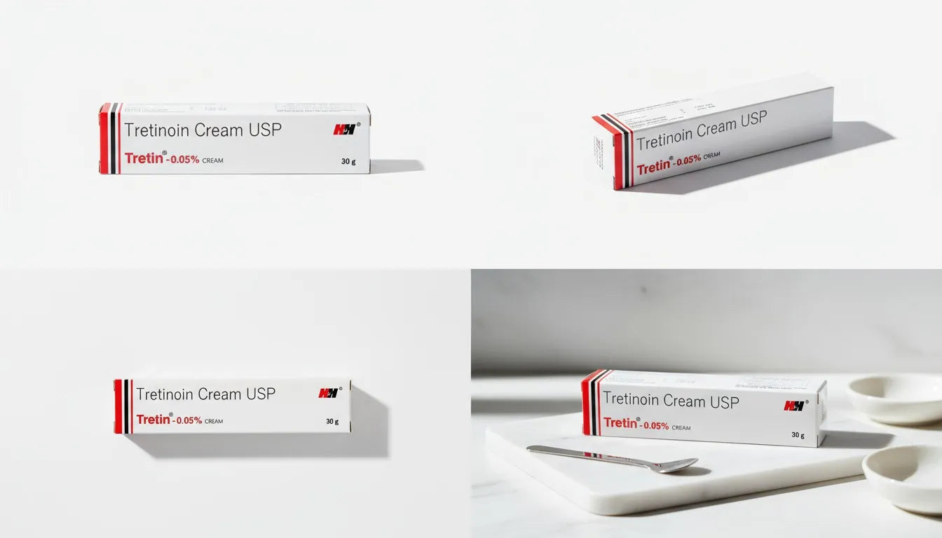 Tretin 0.05% Cream USP by H&H shown from multiple angles on clean white background — prescription skincare for acne and fine lines.