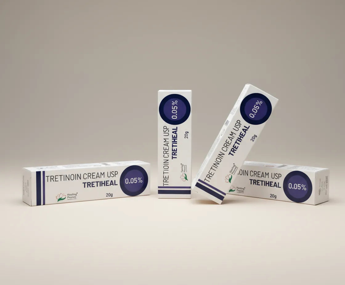 Tretiheal 0.05% 20g boxes by Healing Pharma arranged on a neutral background — prescription-strength retinoid for acne and skin renewal.