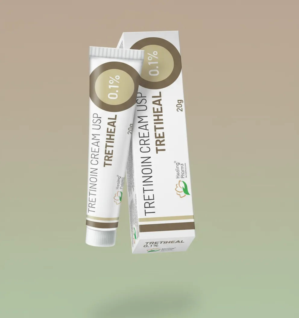 Tretiheal 0.1 tube and box on beige background — topical retinoid for acne and anti-aging.