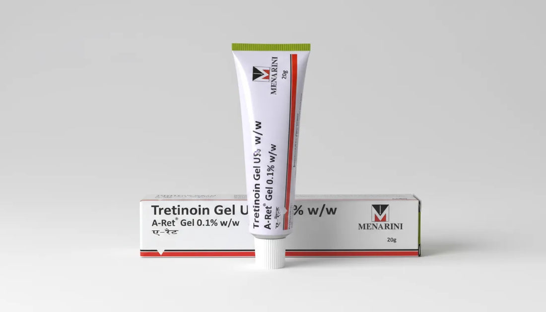 A-Ret Tretinoin Gel USP 0.1% w/w, 20g by Menarini — tube standing on box against light grey background.