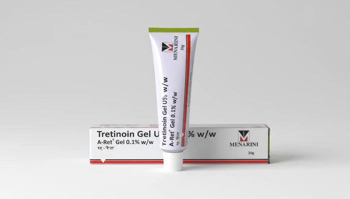 A-Ret Tretinoin Gel USP 0.1% w/w, 20g by Menarini — tube standing on box against light grey background.