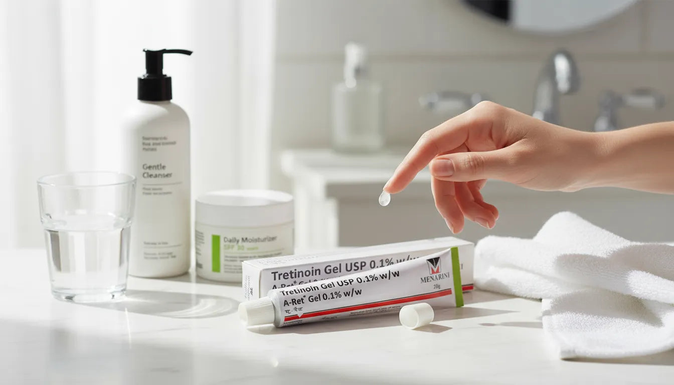 Hand applying A-Ret Tretinoin Gel USP 0.1% w/w by Menarini with cleanser and moisturizer on bathroom counter.