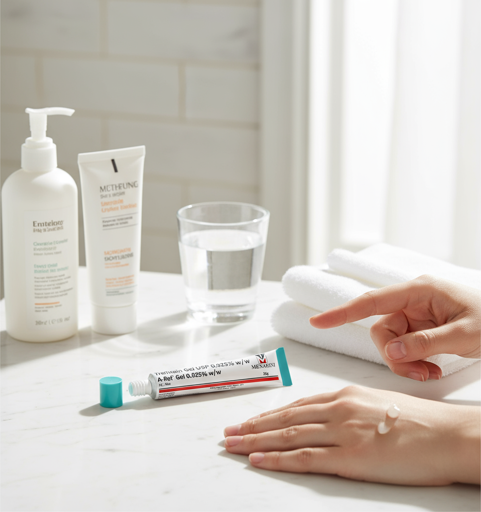 Applying A-Ret Tretinoin Gel 0.025% by Menarini as part of evening skincare routine with cleanser and moisturizer nearby.