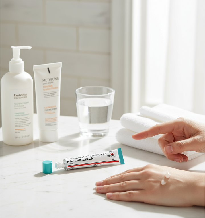 Applying A-Ret Tretinoin Gel 0.025% by Menarini as part of evening skincare routine with cleanser and moisturizer nearby.