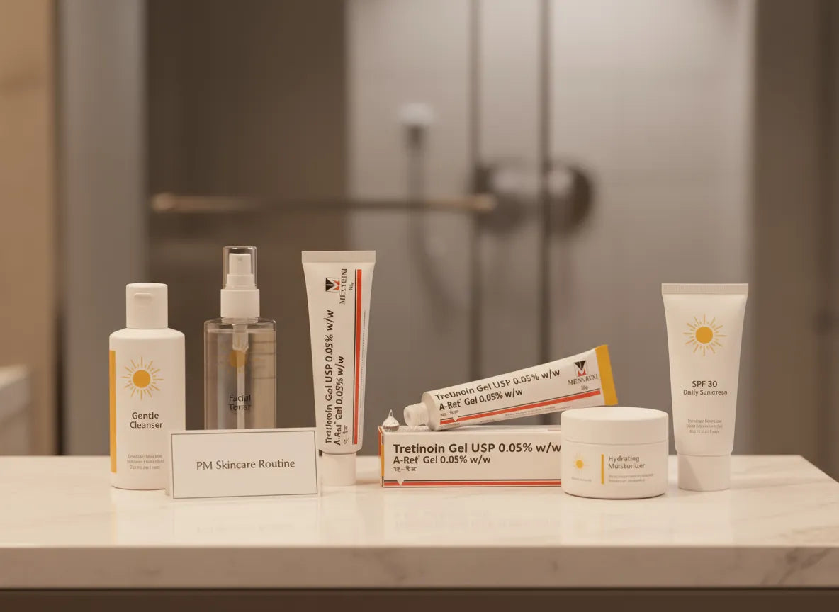 PM skincare routine setup with A-Ret Tretinoin Gel 0.05% w/w, cleanser, toner, moisturizer, and SPF 30 sunscreen on bathroom counter.