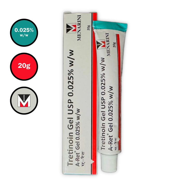 A-Ret Tretinoin Gel USP 0.025% w/w 20g by Menarini – tube and outer box with strength and pack size icons