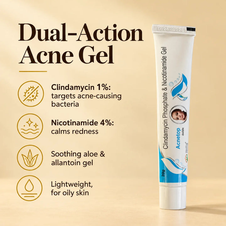 Acnetop dual-action acne gel: clindamycin 1% targets acne-causing bacteria, nicotinamide 4% calms redness, soothing aloe and allantoin gel, lightweight for oily skin
