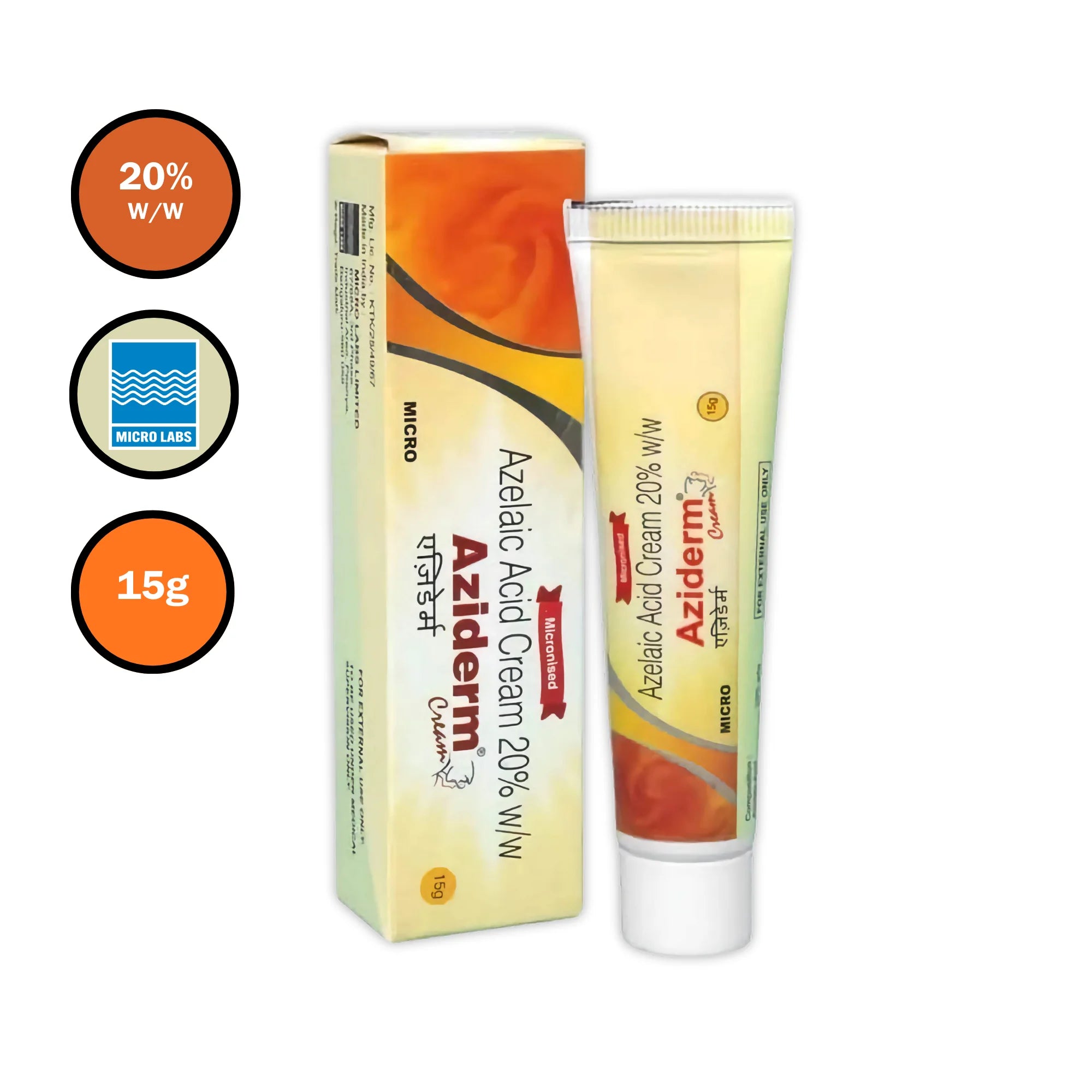 Aziderm Azelaic Acid Cream 20% w/w 15g tube with outer box  and packing icons – front view