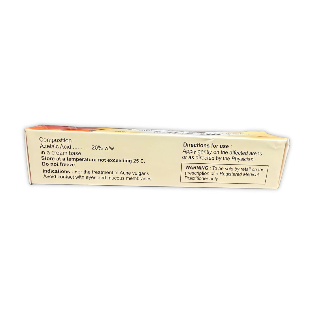 Aziderm Azelaic Acid Cream 20%, 15g box – composition, directions, and warning panel side view