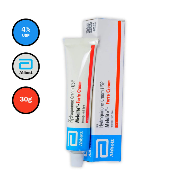 Melalite Forte Hydroquinone Cream USP 4% 30g tube with outer box and icons – front view