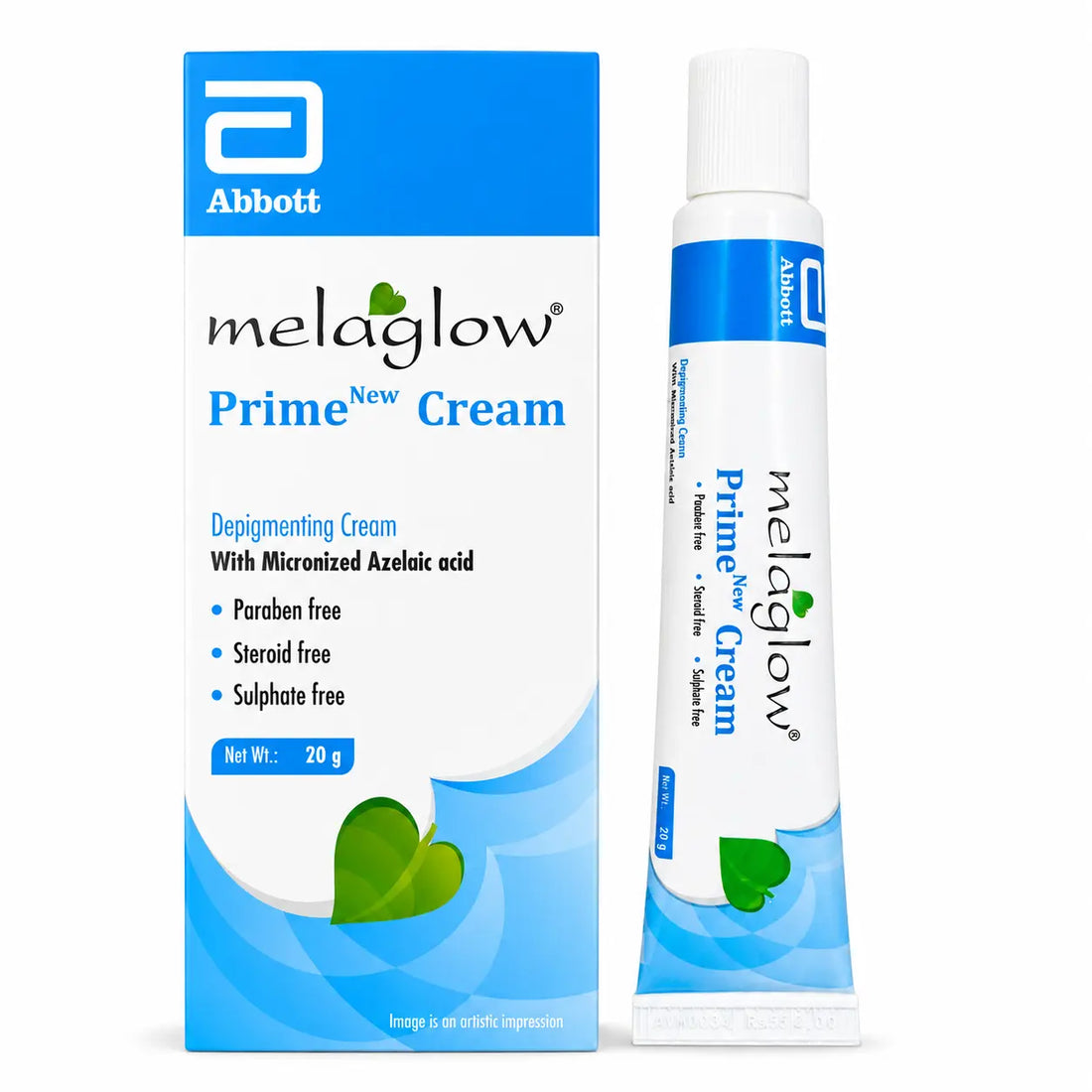 Melaglow Prime New Cream 20g box and tube shown together on white background