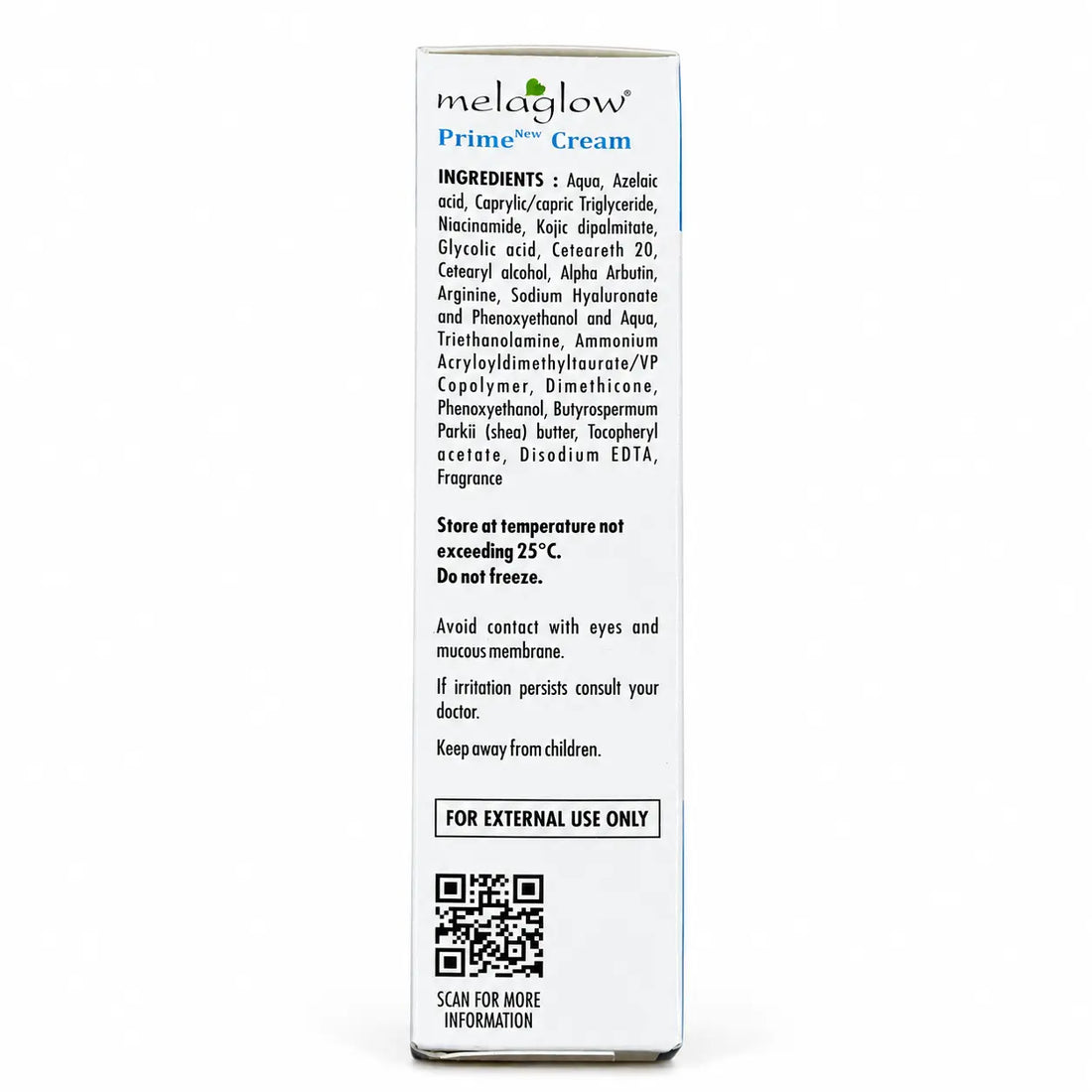 Melaglow Prime New Cream 20g box side view showing ingredients and usage information on white background