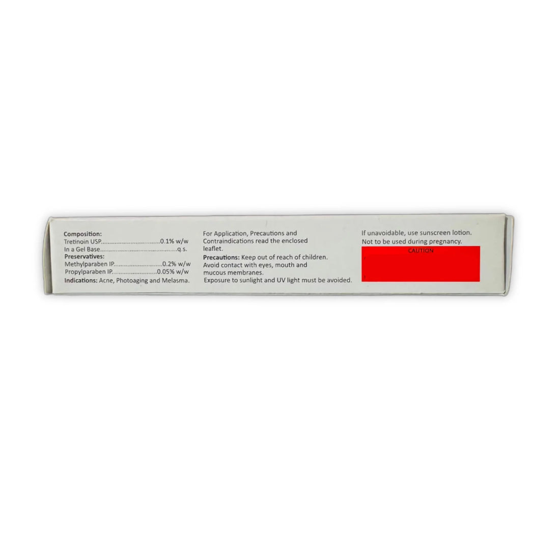A-Ret Tretinoin Gel USP 0.1%, 20g outer box – composition, indications, and caution panel