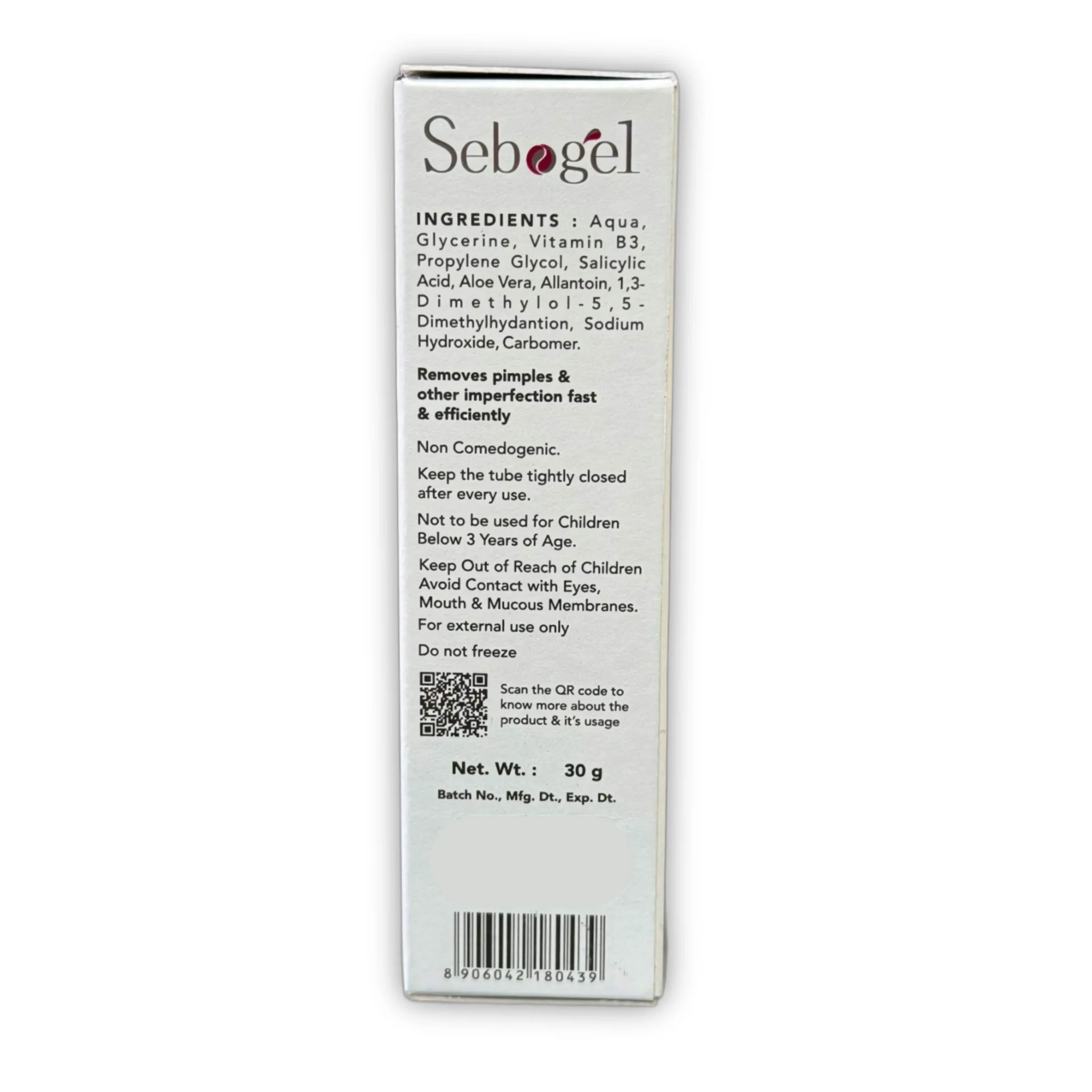 Sebogel Salicylic Acid and Nicotinamide Gel 30g ingredients panel on box