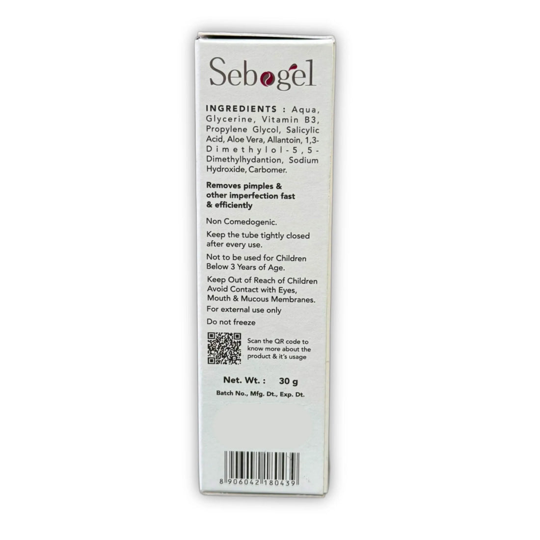 Sebogel Salicylic Acid and Nicotinamide Gel 30g ingredients panel on box