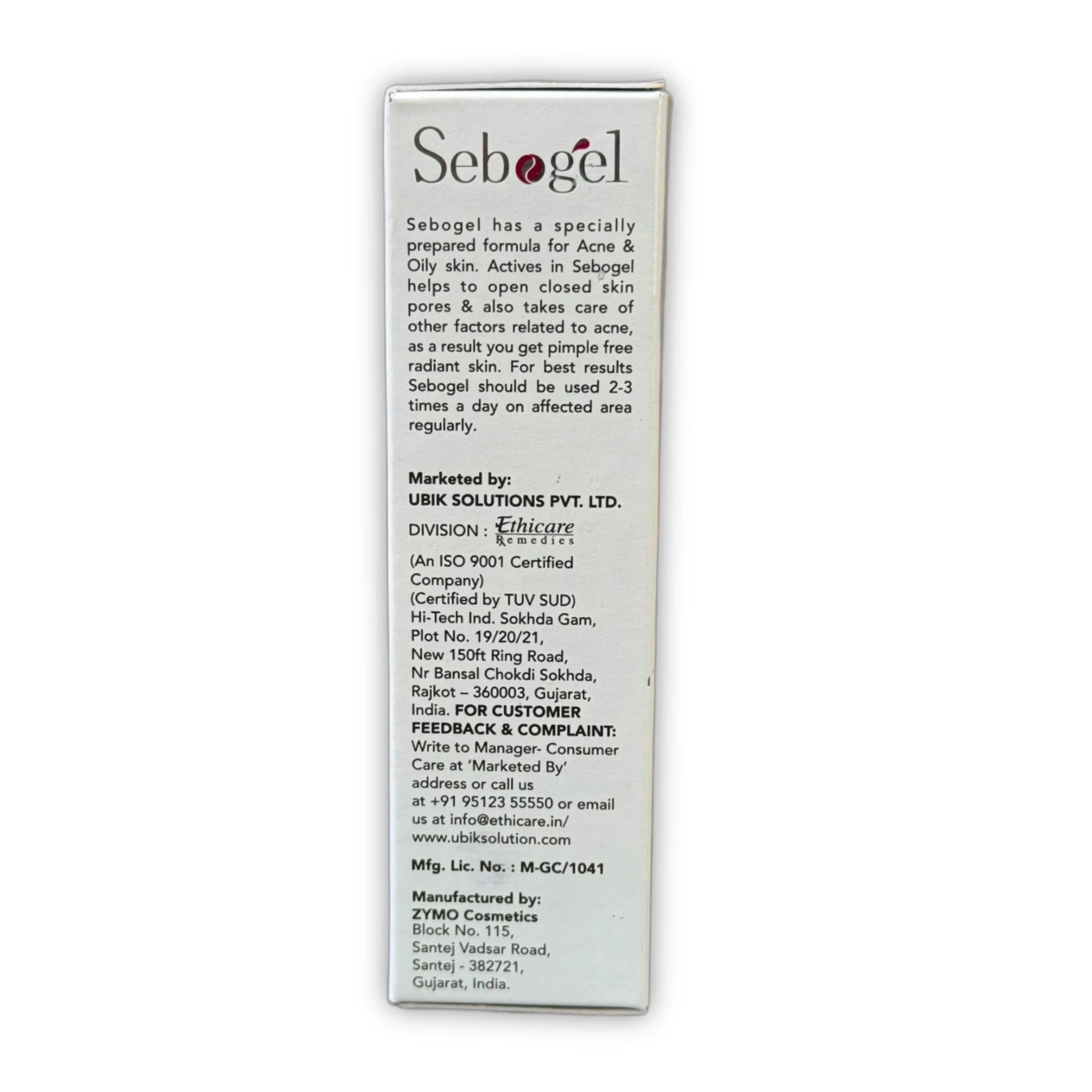 Sebogel gel box side showing product description for acne and oily skin