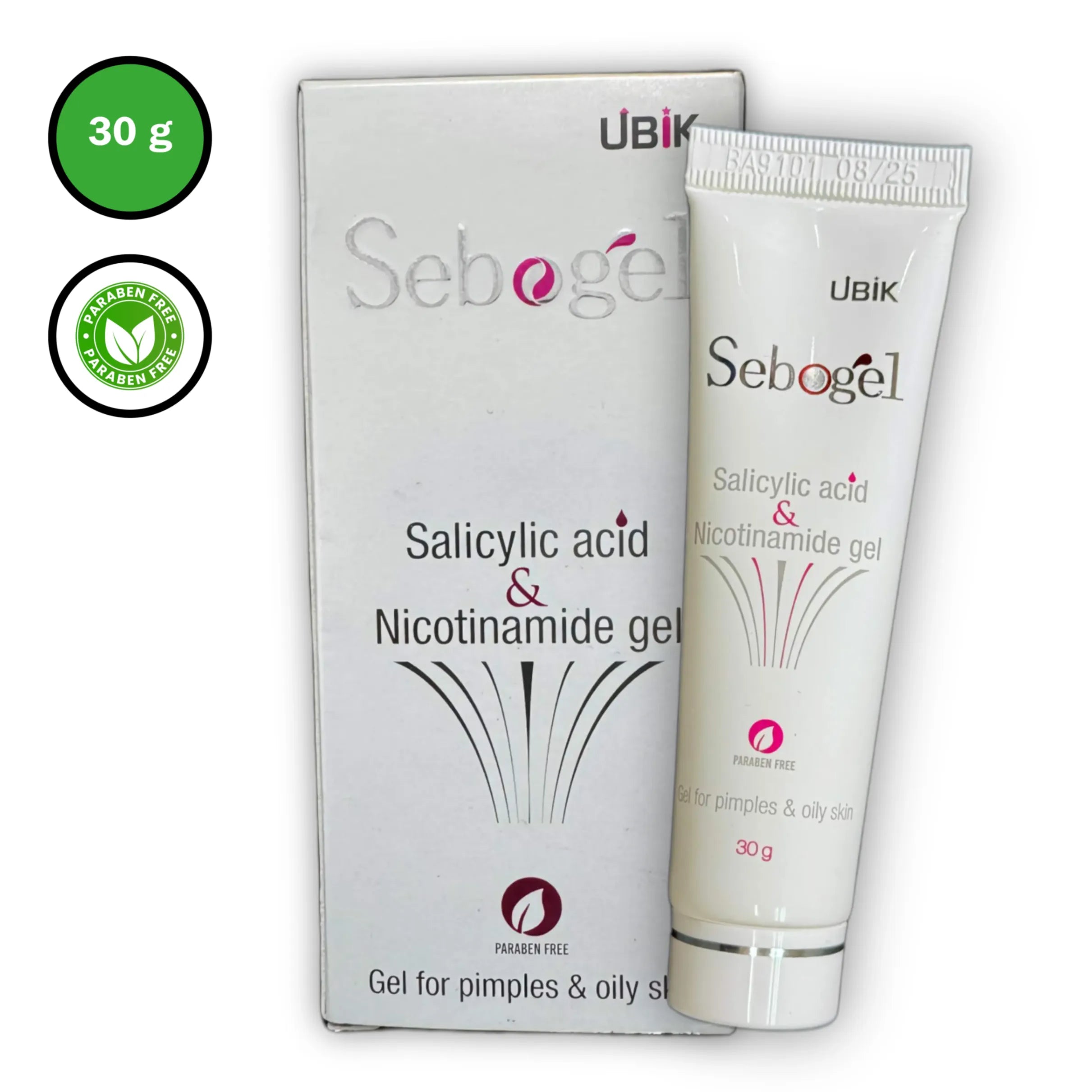 Sebogel Salicylic Acid and Nicotinamide Gel 30g tube with box packaging and icons with white background