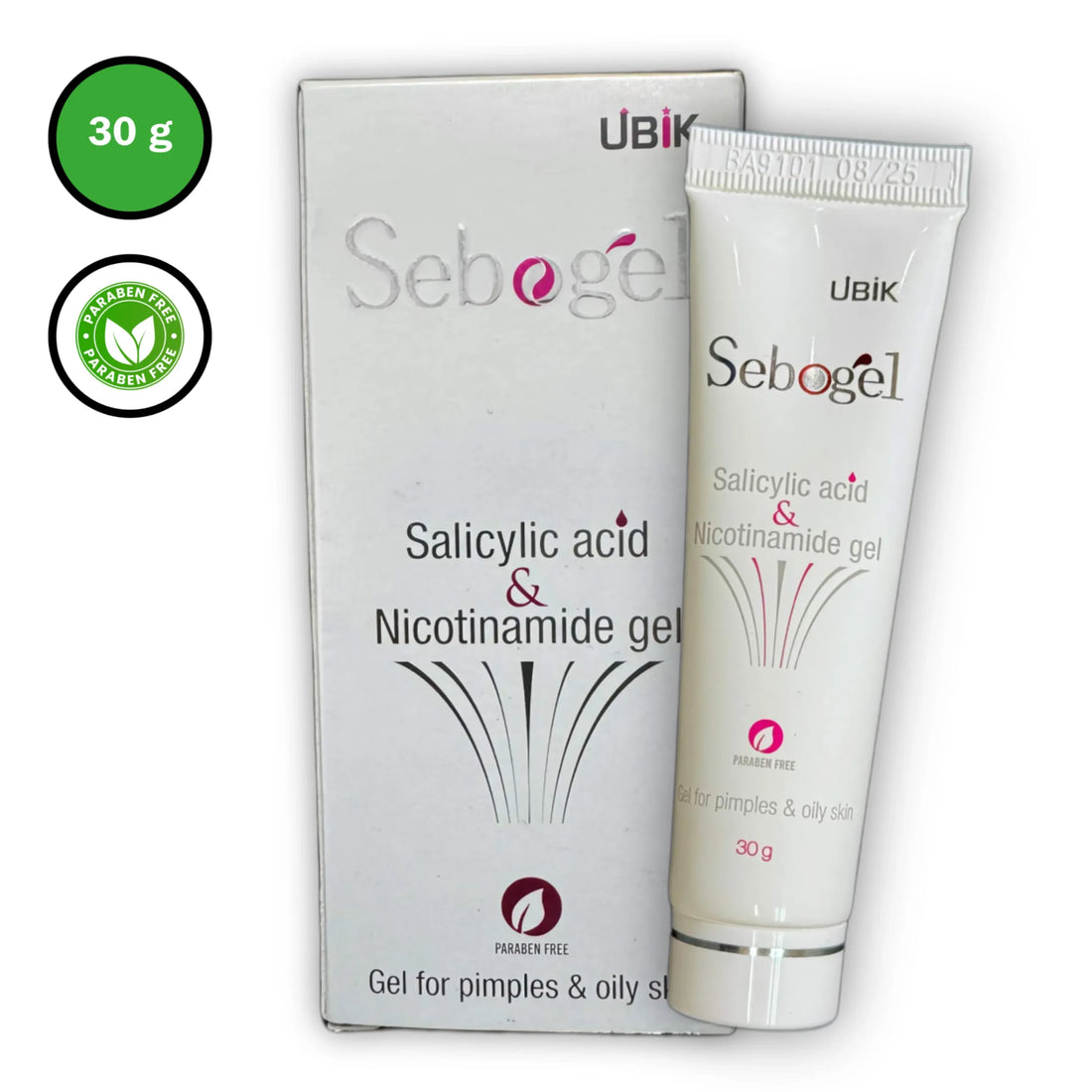 Sebogel Salicylic Acid and Nicotinamide Gel 30g tube with box packaging and icons with white background