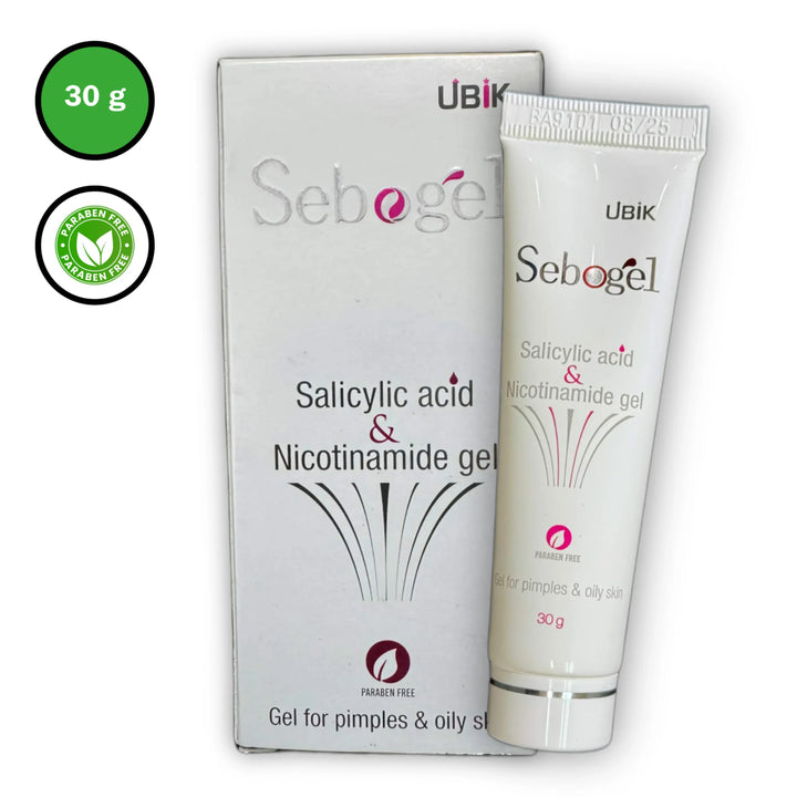 Sebogel Salicylic Acid and Nicotinamide Gel 30g tube with box packaging and icons with white background