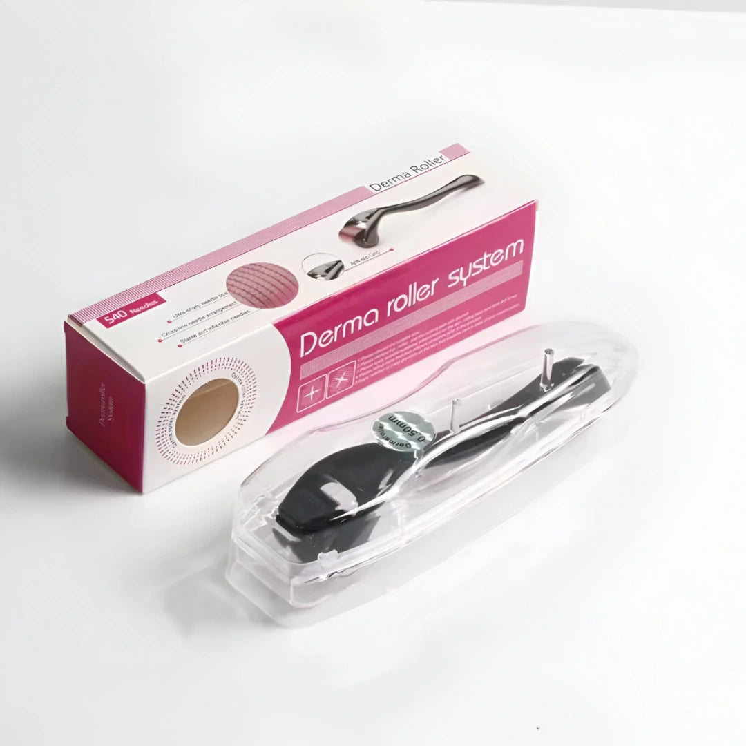 Derma roller 0.5mm shown with boxed kit with white background