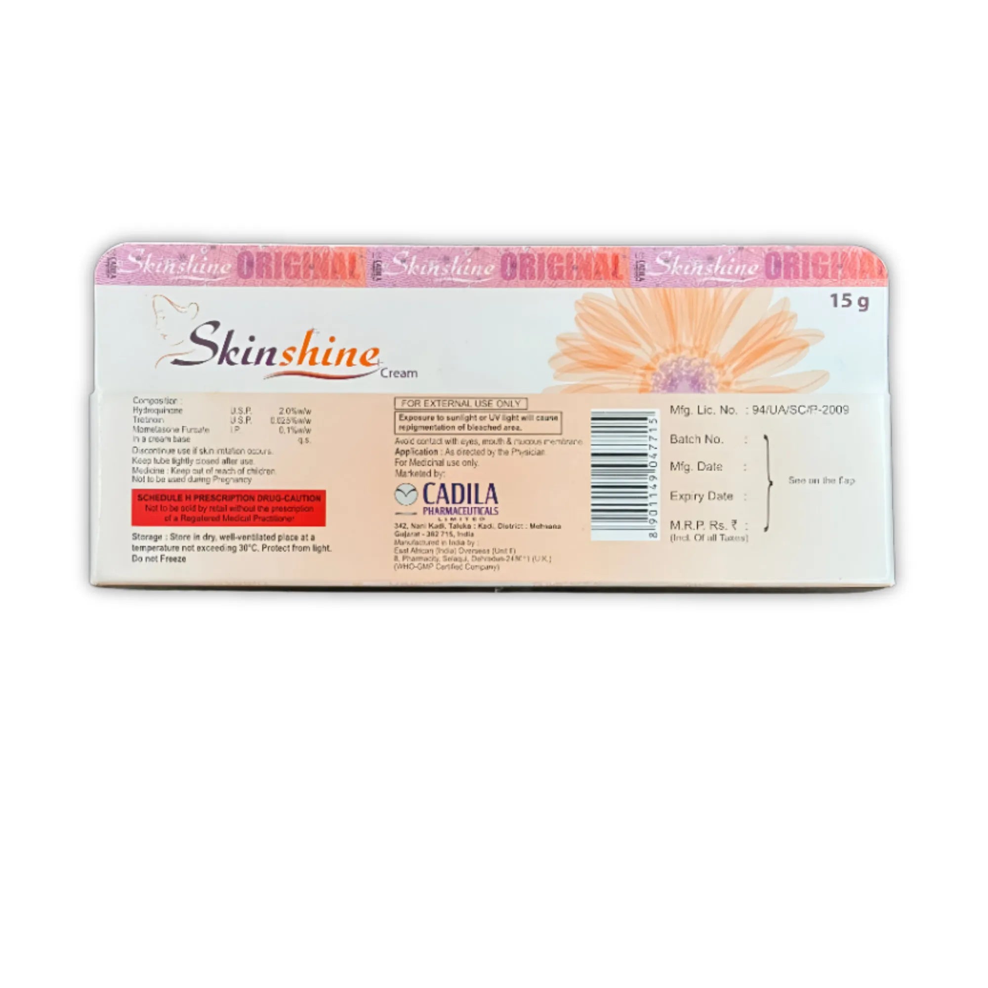 Back side of Skinshine cream box showing composition directions storage and manufacturer details 15g