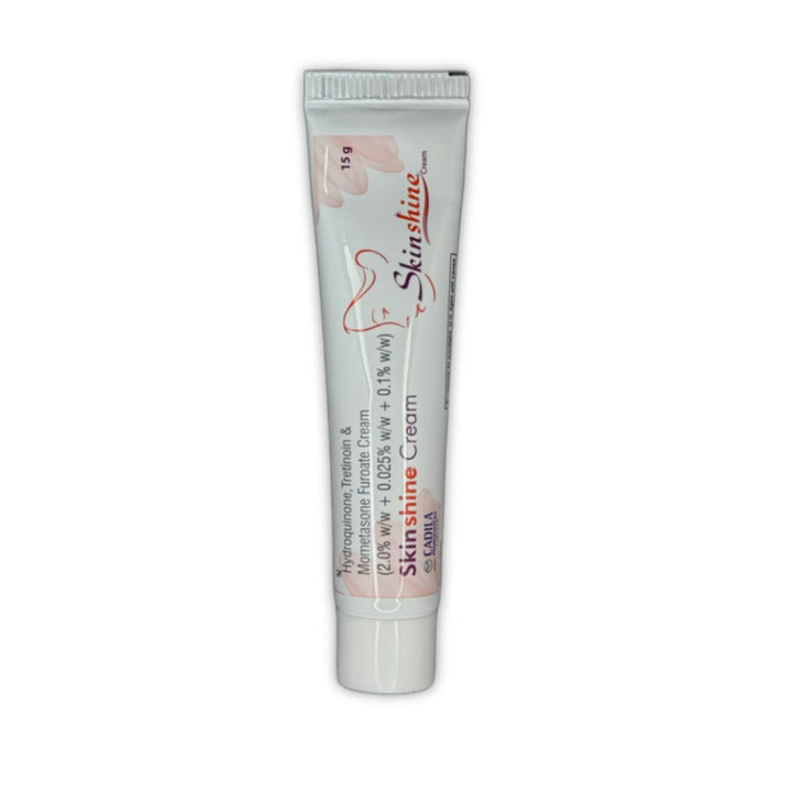 Skinshine cream tube showing hydroquinone 2 percent tretinoin 0.025% & mometasone furoate 0.1% 15g