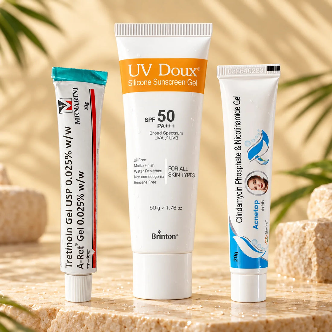 Summer Clear Skin Kit: A-Ret Tretinoin Gel 0.025%, UV Doux Silicone Sunscreen Gel SPF 50 and Acnetop Gel tubes